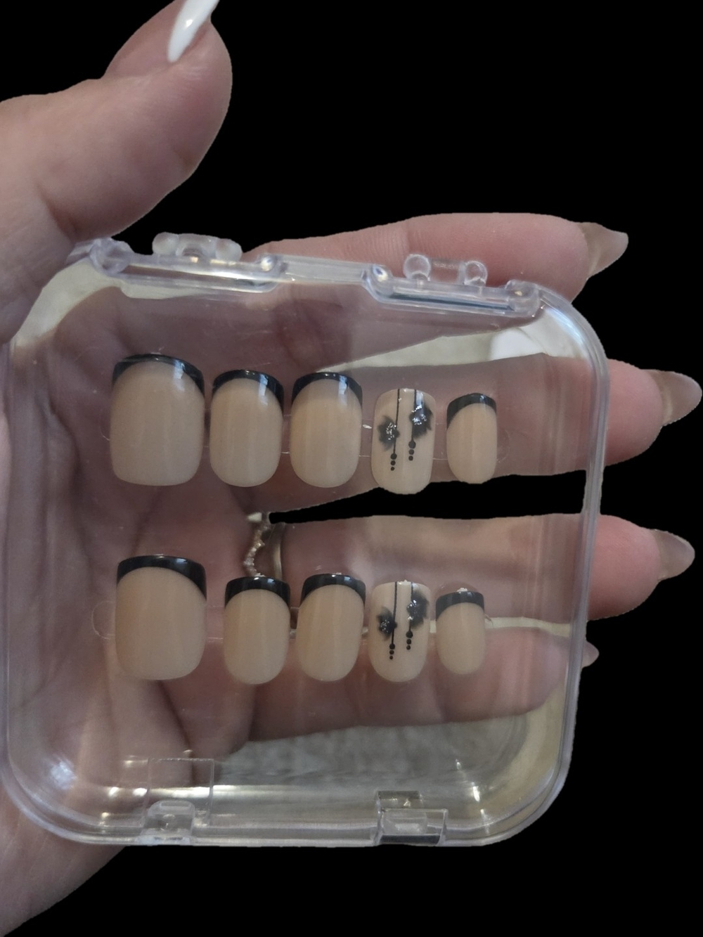 Press-On Nail Set with Black French Tips and Accent Design - Nude